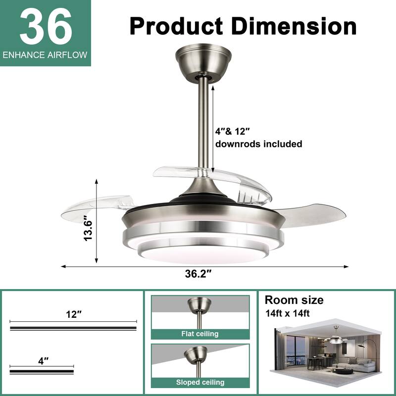 Cusp Barn 36 Inch Retractable Ceiling Fan with Lights, Modern 6 Speeds Silent DC Motor Fandelier Ceiling Fan for Bedroom