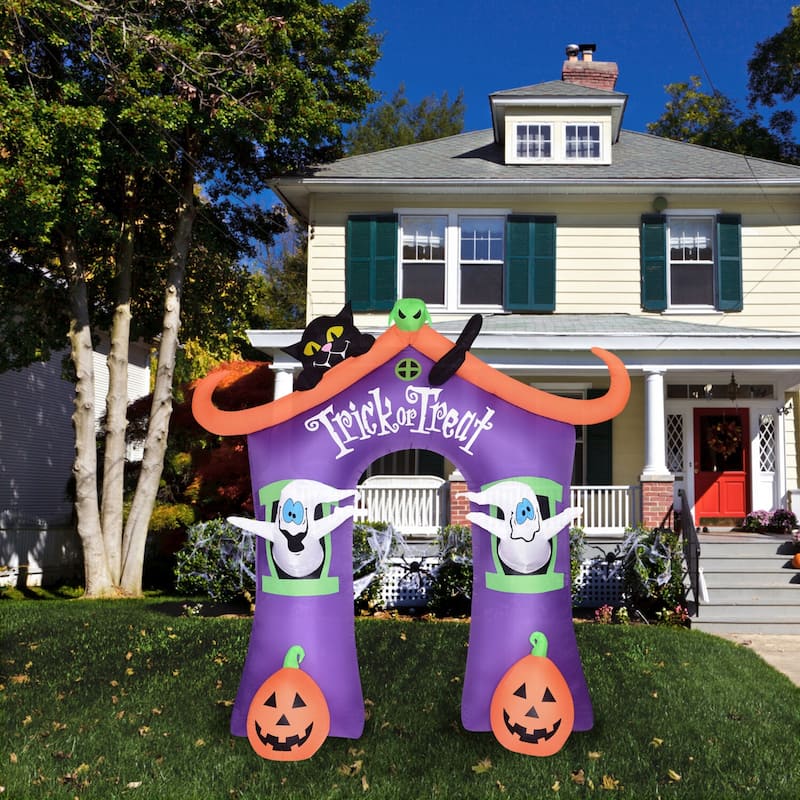 Haunted Hill Farm 9-Ft. Inflatable Pre-Lit Trick or Treat Walkway Arch with Black Cat, Jack-O-Lantern, and Ghost