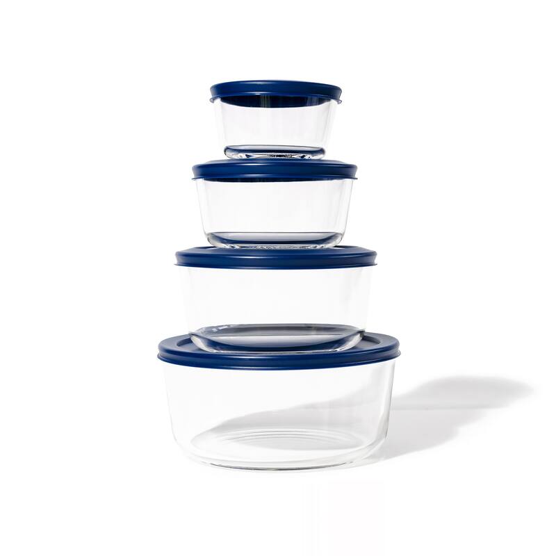 Glass Food Storage Set - Round Nesting, 8-Piece, BPA-Free, Airtight Lids, Microwave & Oven Safe - 8 Piece Set (4 Containers + 4 Lids) - Blue