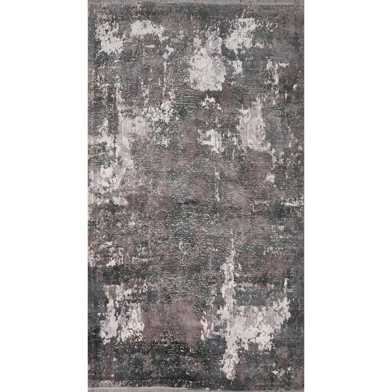 Hand Knotted Oriental Viscose Silk Carpet Modern All-Over Greys & Charcoal Abstract Area Rug - 8' 0'' X 4' 11''
