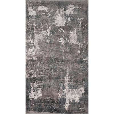 Hand Knotted Oriental Viscose Silk Carpet Modern All-Over Greys & Charcoal Abstract Area Rug - 8' 0'' X 4' 11''