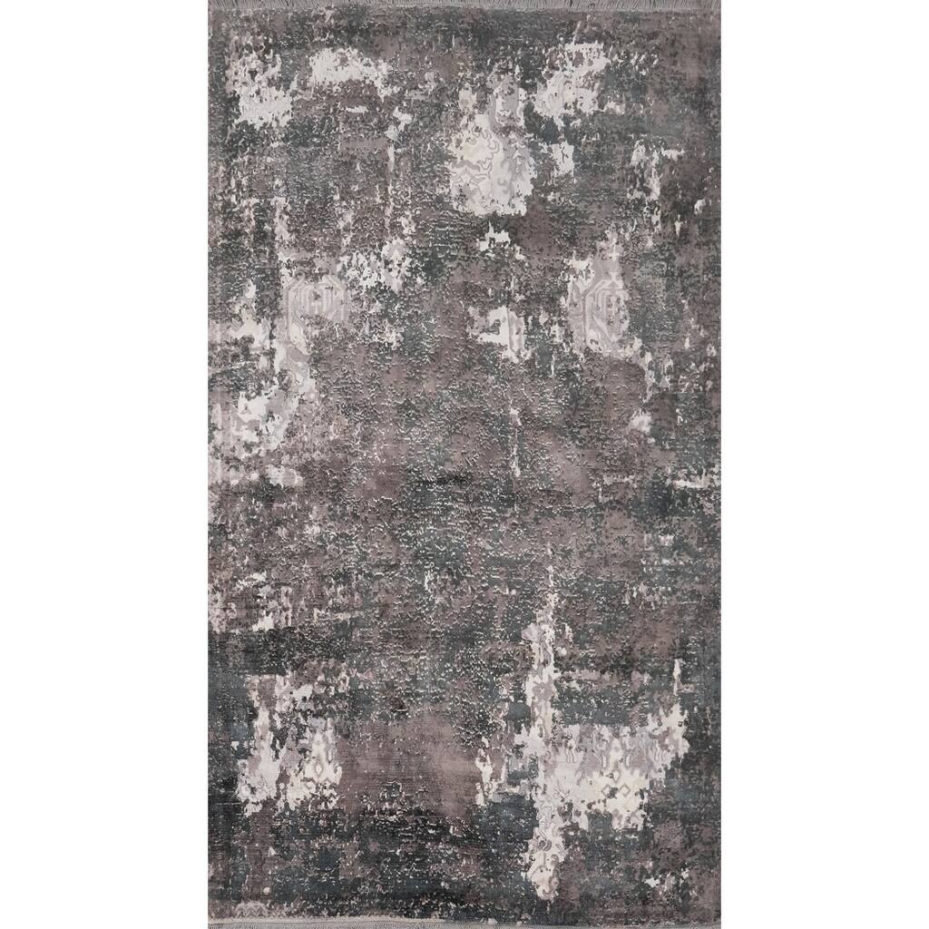 Hand Knotted Oriental Viscose Silk Carpet Modern All-Over Greys & Charcoal Abstract Area Rug - 8' 0'' X 4' 11''