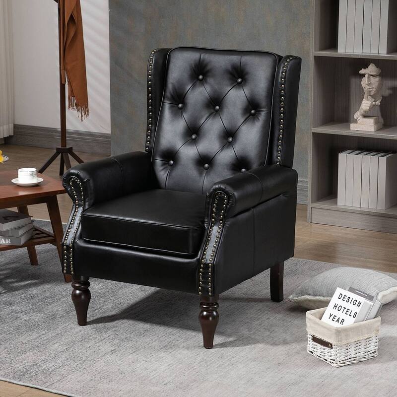 Transitional Wingback Accent Chair Armchair with Sturdy Wood Legs - PU Leather - Black