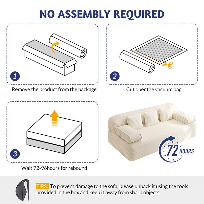 78.7" Convertible Sofa Bed, 2-in-1 Corduroy Couch with 3 Pillows, Modern Folding Boneless Couch