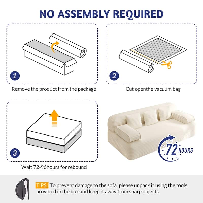 78.7-Inch Convertible Sofa Bed, 2-in-1 Frameless 3-Seater Couch with Plush Corduroy Fabric for Small Spaces