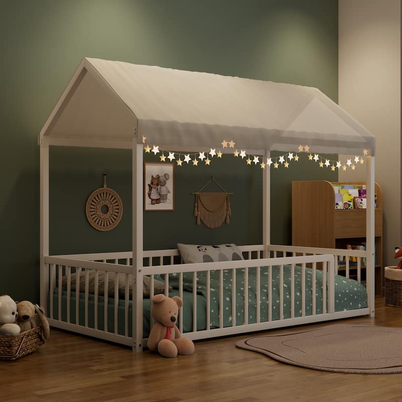 Montessori Style Metal Floor Bed Frame, House Shaped Bed for Kids and Toddlers, No Slats, House Bed