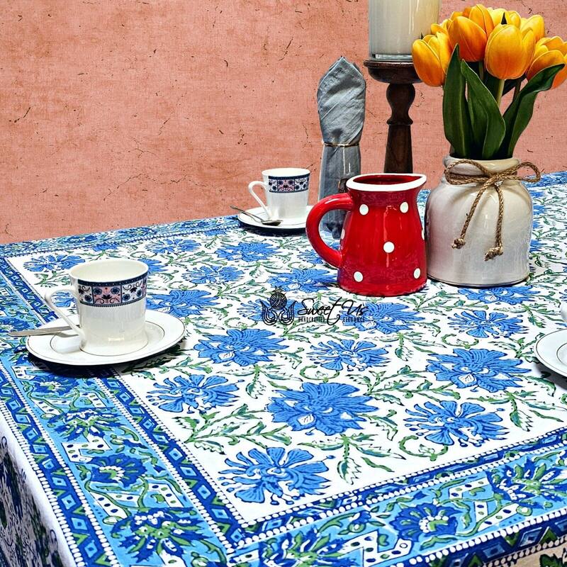 Bursting Floral Block Print Cotton Tablecloth Collection - 60 x 60 in