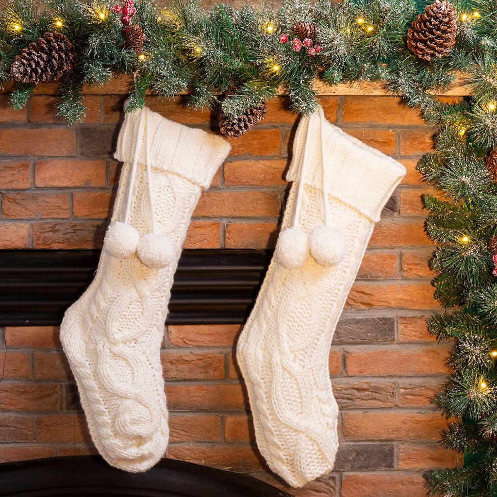 Glitzhome Set of 2 Knitted Christmas Stocking White or Red with Pom Pom Ball