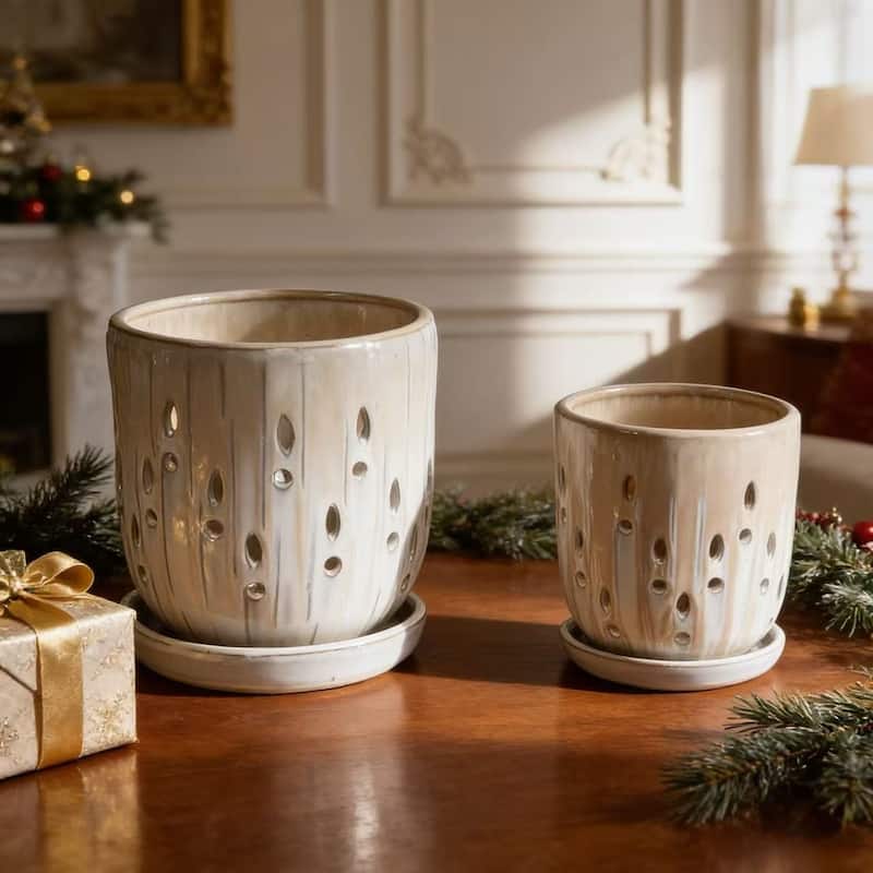 Handmade Planter, Ventilated Design, Saucers for Succulents and Herbs - Beige