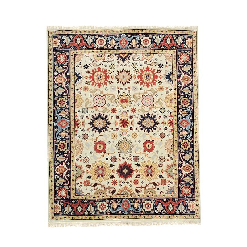 Ivory Hand Knotted Wool Traditional Mahal Rug, 8' x 10', plush elegant floor cover - L