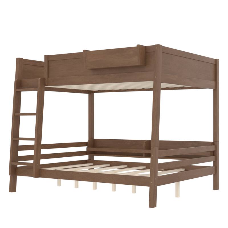 Queen Bunk Bed With Storage Shelf and Bookshelf,Wood Bunk Bed with Ladder and Guardrails,Detachable Design