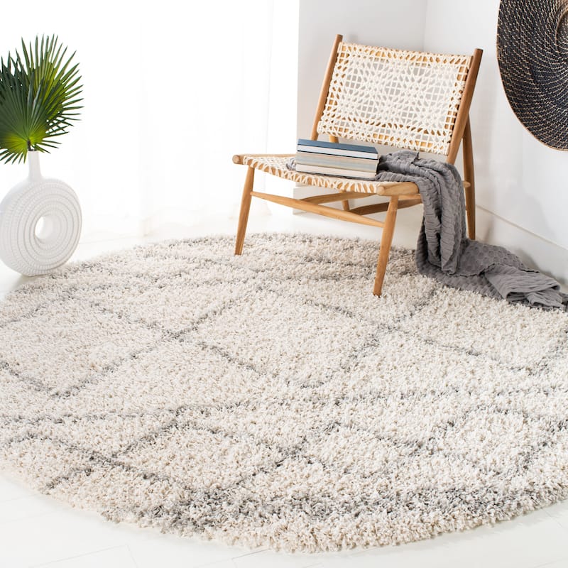 SAFAVIEH Pro Lux Shag Dottie Moroccan Tassel 2.4-inch Thick - 5'1" Round - Ivory/Light Grey - Runner/Round