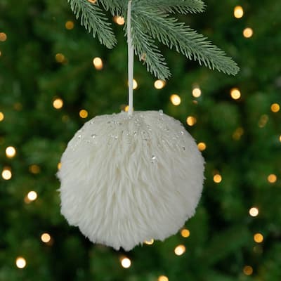 4-Inch White Faux Fur Hanging Christmas Ball Ornament - 4"