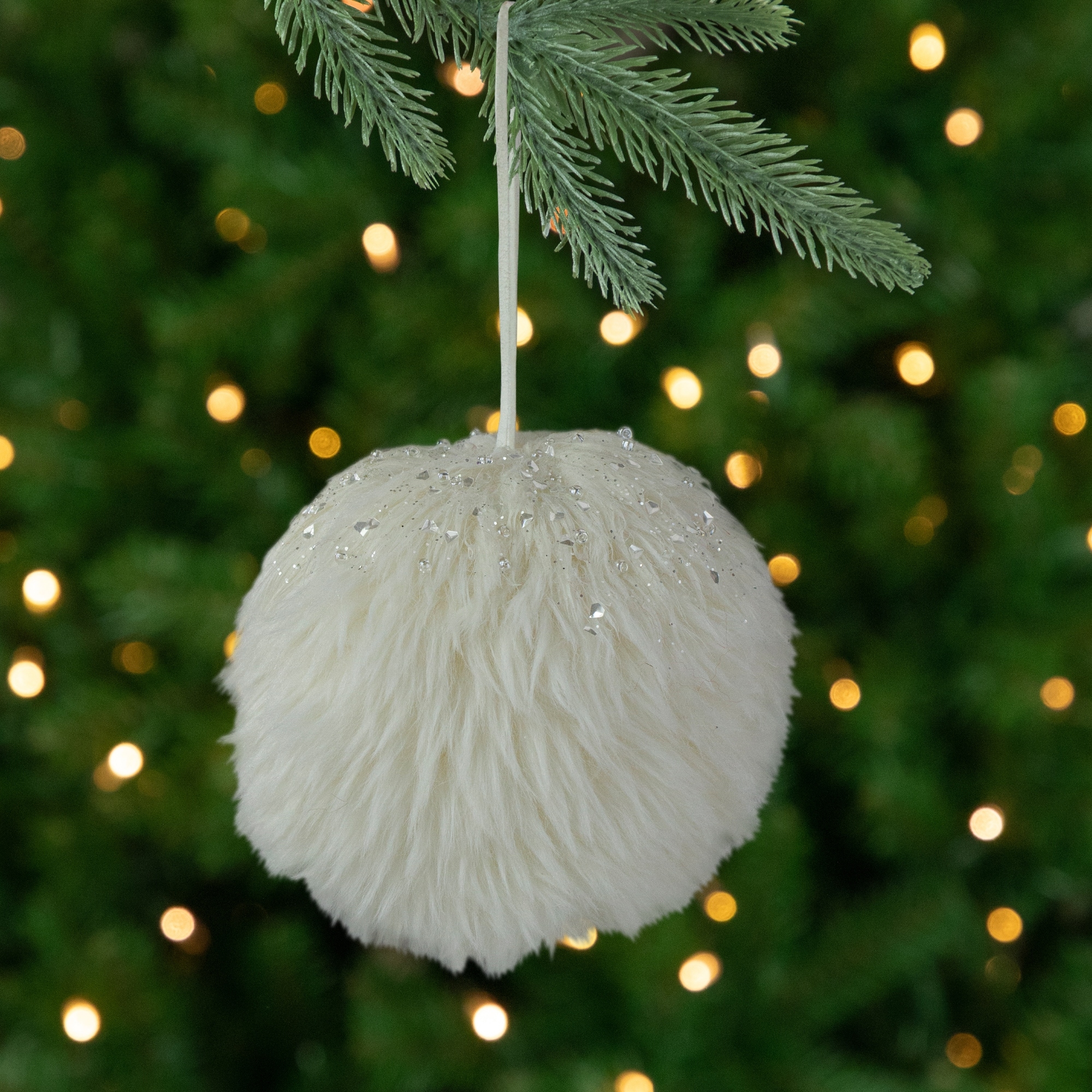 4-Inch White Faux Fur Hanging Christmas Ball Ornament - 4"