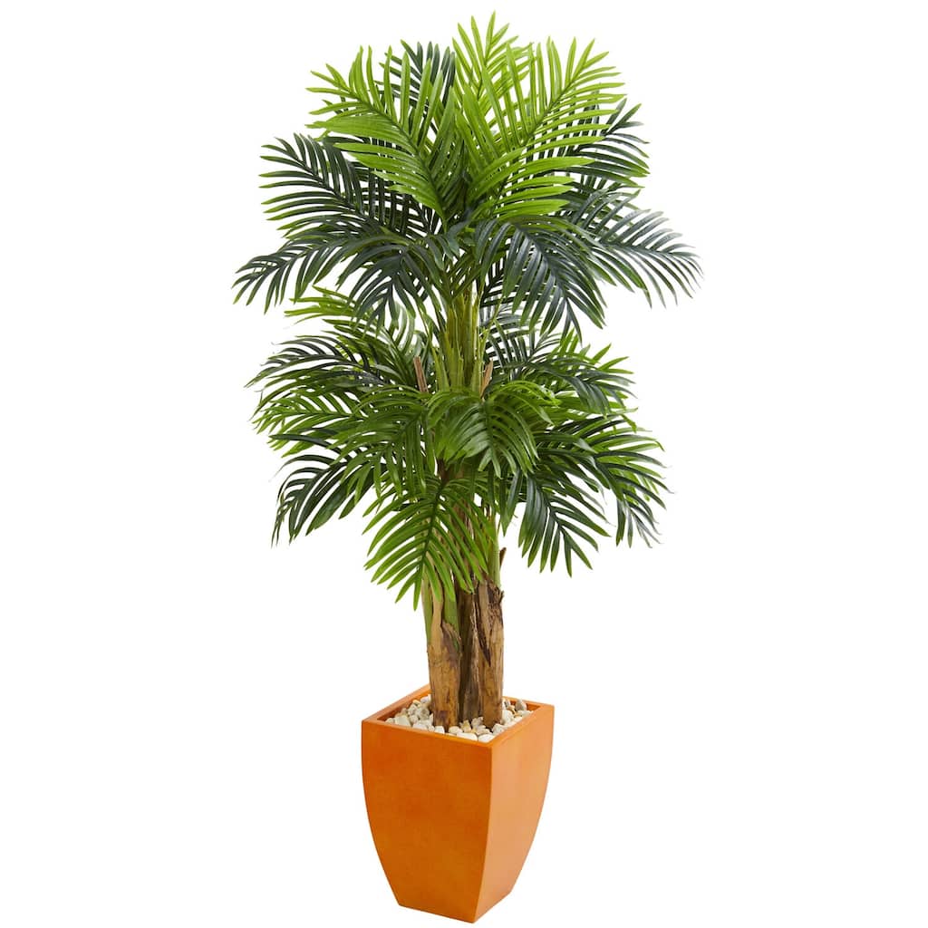 Artificial Palm Tree with Planter - 66" Indoor Tropical Decor, Lush Green Fronds, Orange Pot, Home Accent - 61 Inches and Over