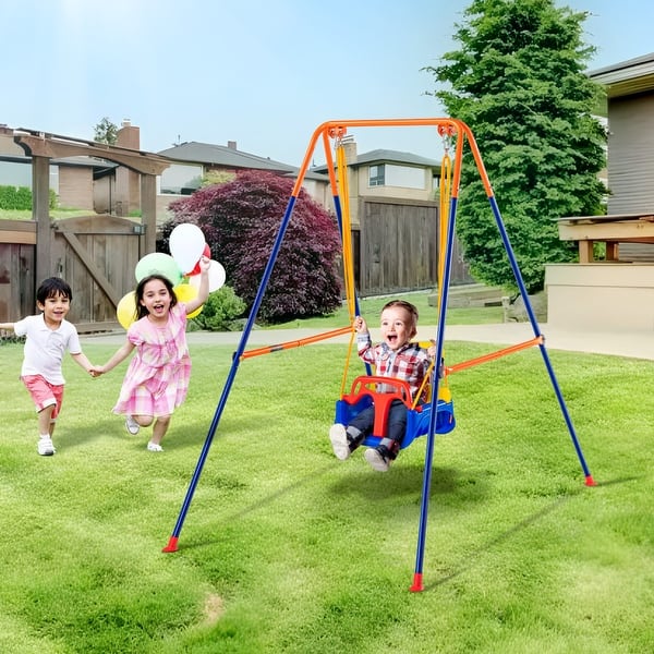 slide 2 of 35, Swing Sets for Backyard, Toddler Swing Set Foldable Metal Stand, Easy to Assemble, Swingset Indoor/Outdoor 3-in-1