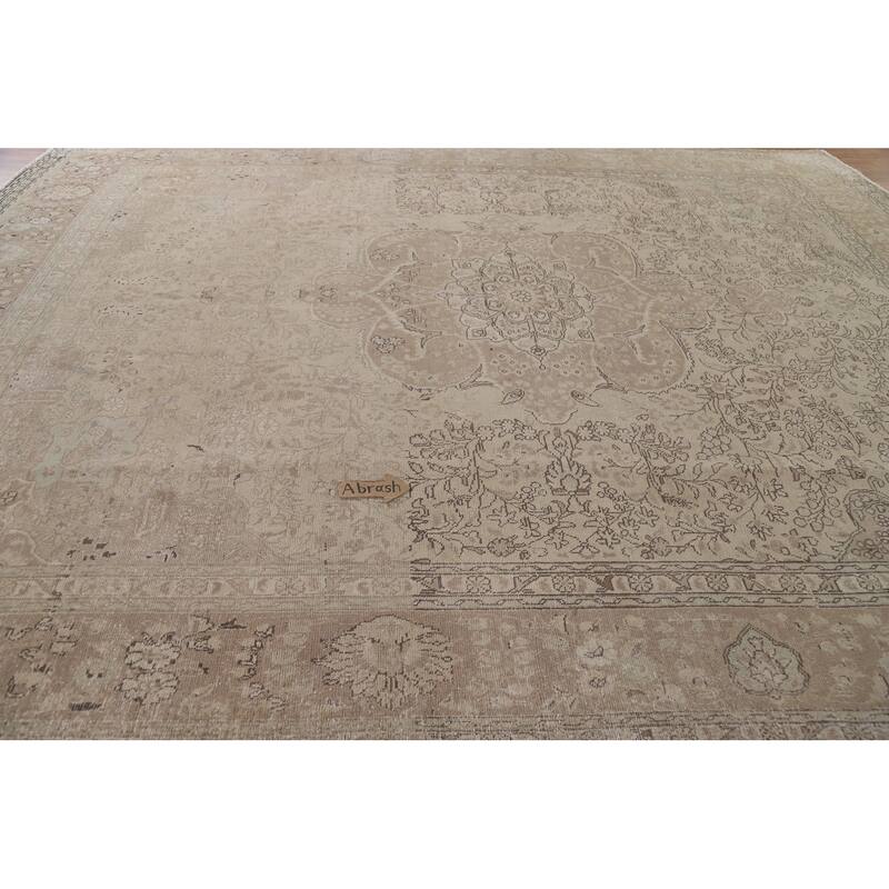 Hand Knotted Oriental 100% Wool Carpet Traditional Floral Beige & Ivories Tabriz Area Rug - 12' 7'' X 10' 2''