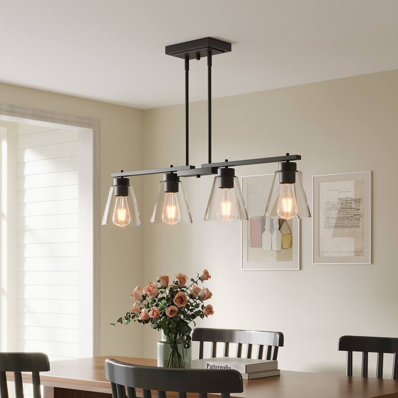 4-Light Matte Black Linear Island Pendant with Clear Glass Shade - Black & Clear