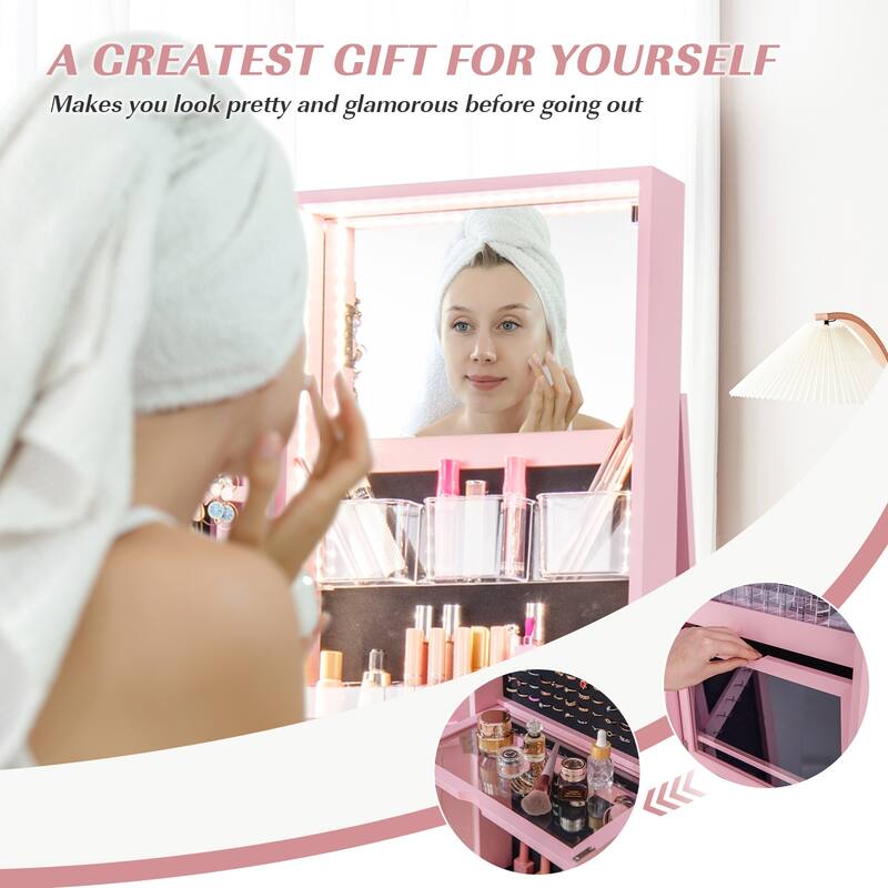 Gymax 360° Rotating Mirrored Jewelry Cabinet Armoire 3 Color LED Modes