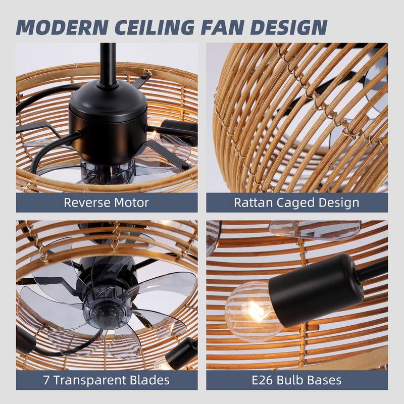 20 in. Rattan Indoor Ceiling Fan with Lights, 6-Speed Remote Control and Reversible DC Motor for Small Bedroom