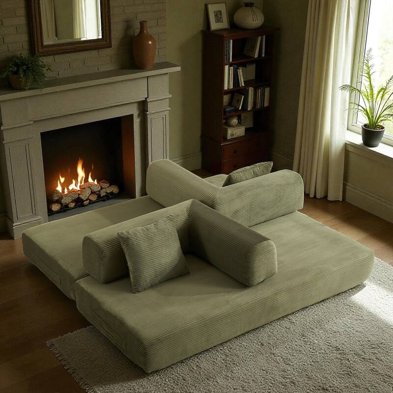 Convertible Corduroy Sleeper Sofa Bed, 4-in-1 Folding Mattress Couch with Cylindrical Pillow & Fixed-Shape Frame, No-Assembly