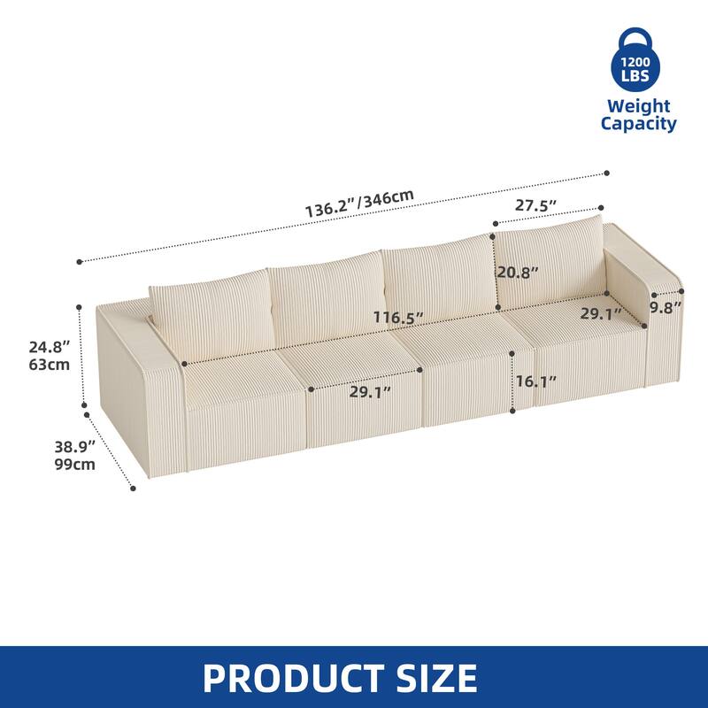 Moasis Multi-seat(3/4/5 seats) Corduroy Sectional Sofa Modular Couch Sofa Upholstered Convertible Modular Sofa