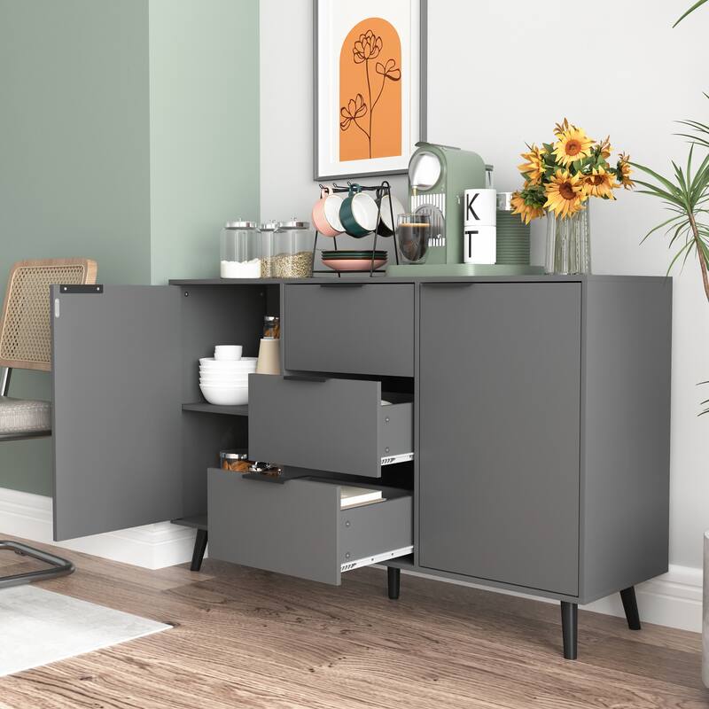 Sideboard Cabinet with Storage, Buffet Sideboard with 3 Drawers and 2 Doors, Wood Coffee Bar Cabinet with Adjustable Shelves