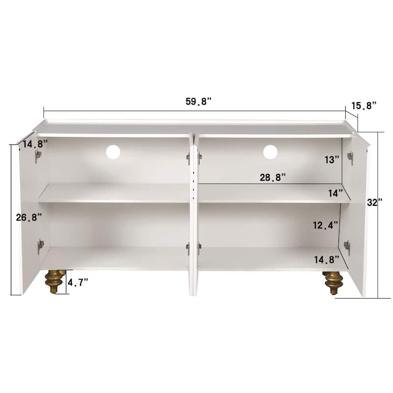 GDFStudio - White Modern Fluted 4-Door Sideboard Buffet with Adjustable Shelves for Kitchen, Dining & Living Room