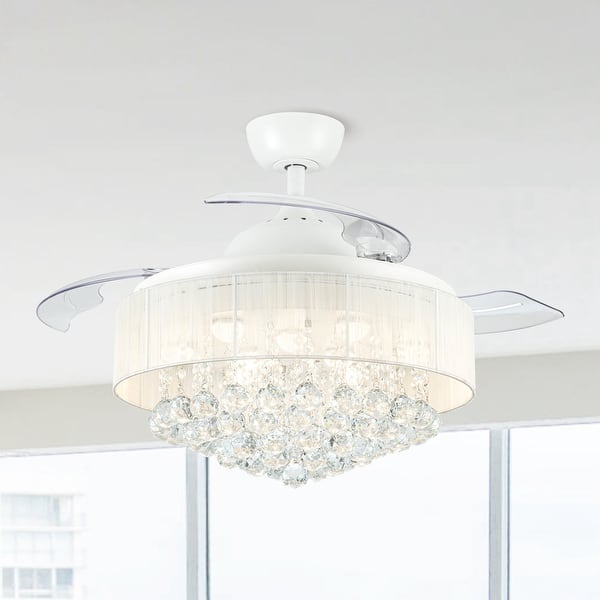 slide 2 of 13, 42" Retractable 3-Blade LED Ceiling Fan Crystal Chandelier with Remote White