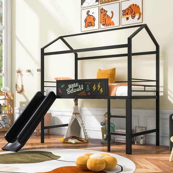 slide 2 of 33, Metal House Bed Twin Size Loft Bed for Kids with Slide, Blackboard, Ladder Mosquito Net Brackets and Roof, Fun Platform Bed Black - Twin