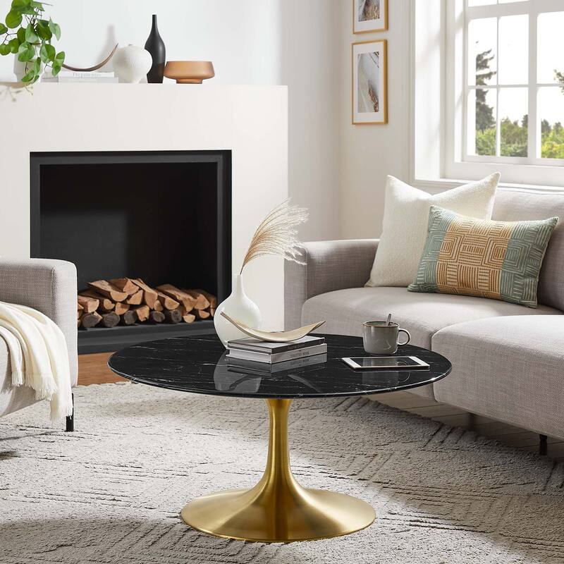 Lippa Round Artificial Marble Coffee Table - Gold Black