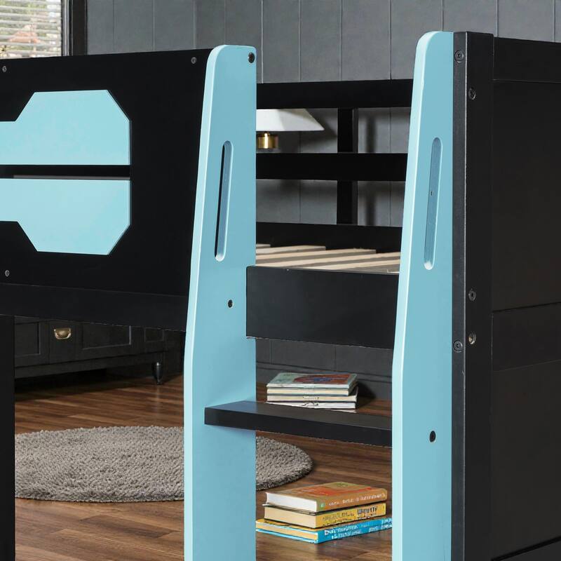 Twin Size Gaming Loft Bed with Desk, Multi-Storage Shelves, RGB Light Strip, Wood Frame, Esports Style Setup