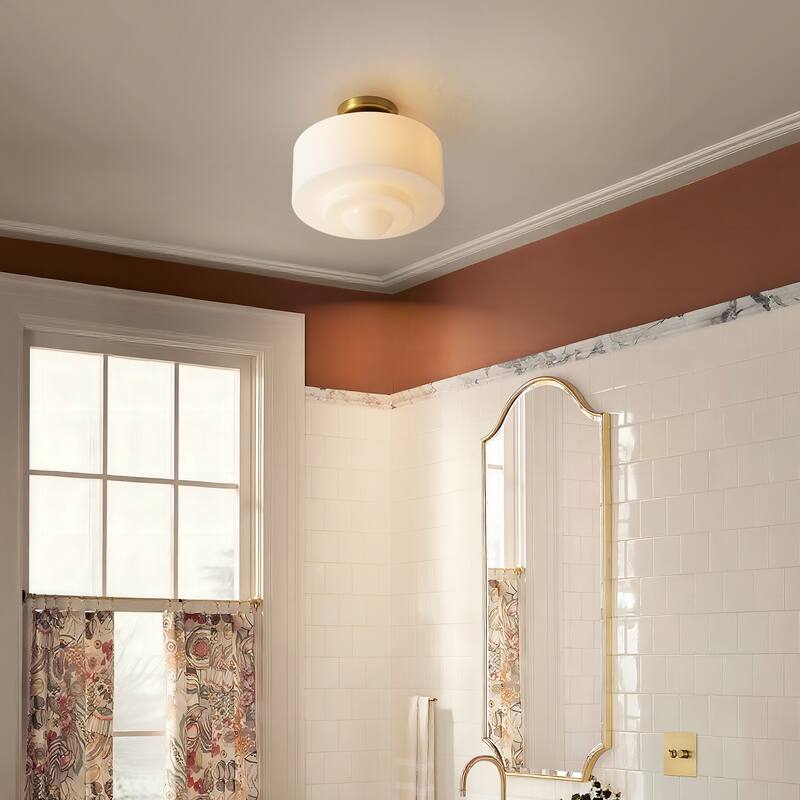 1-Light Mid-Century Modern Gold Cake-Shaped Semi-Flush Mount Ceiling Light with Opal Glass Shade for Bedroom, Kitchen