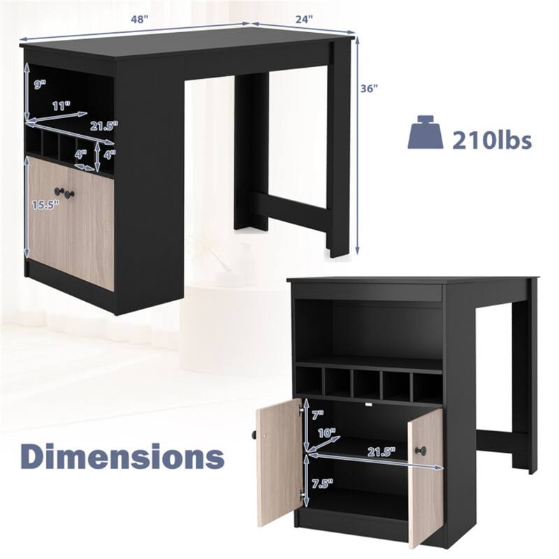 Modern 48" Bar Table with Adjustable Shelves and Wine Storage for Kitchen and Dining Room - 48" x 24" x 36"