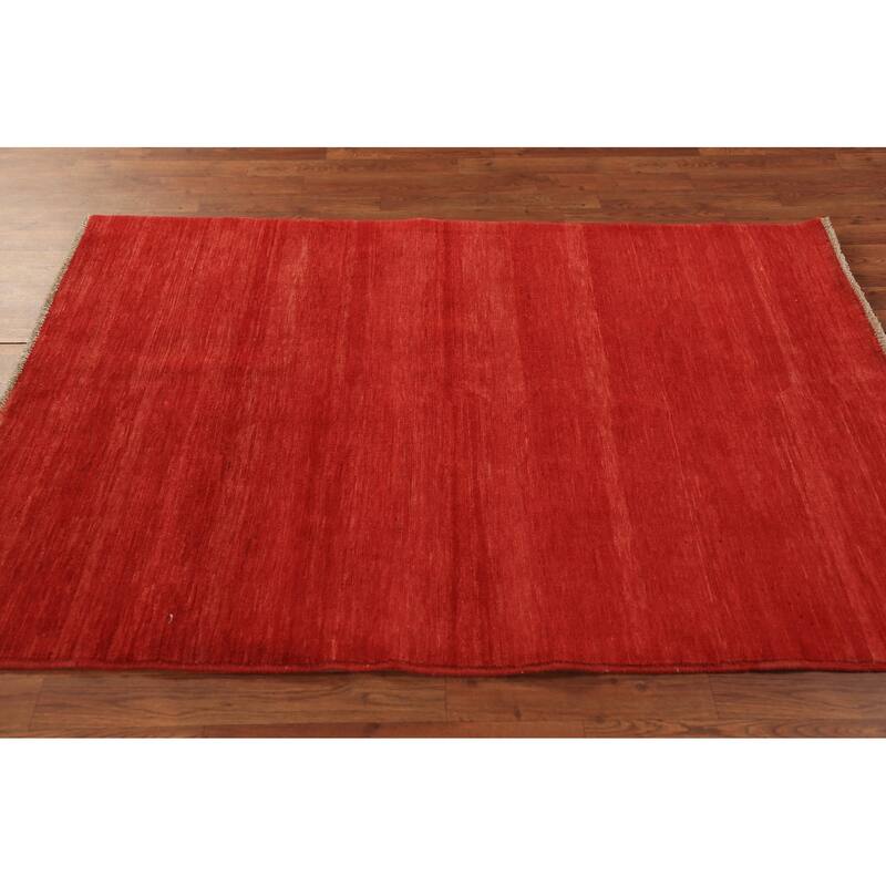 Gabbeh Modern Rug Hand-Knotted Stripe Red Wool Carpet - 4'0" x 5'9"