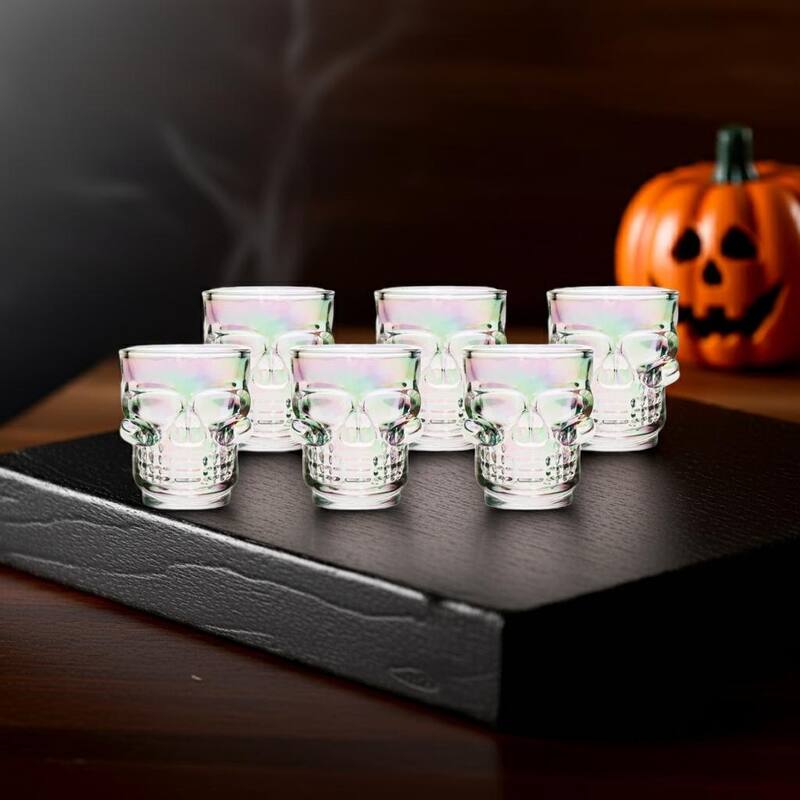 Skull-Shaped Shot Glasses Set of 6, 1.75oz - Glass Novelty Drinkware for Halloween, Parties, and Barware