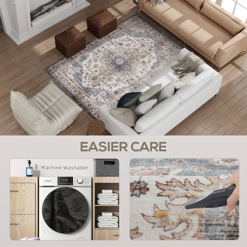 HOMCOM 4x6 Area Rug, Vintage Machine Washable Rug, Non-Slip Floor Carpet for Living Room, Bedroom, Dining Room, Home Office