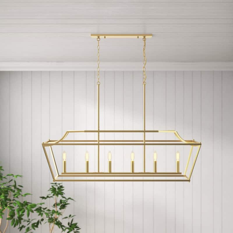 Mid-century Modern 6-light Gold Rectangle Chandelier for Dining Room - Satin Gold