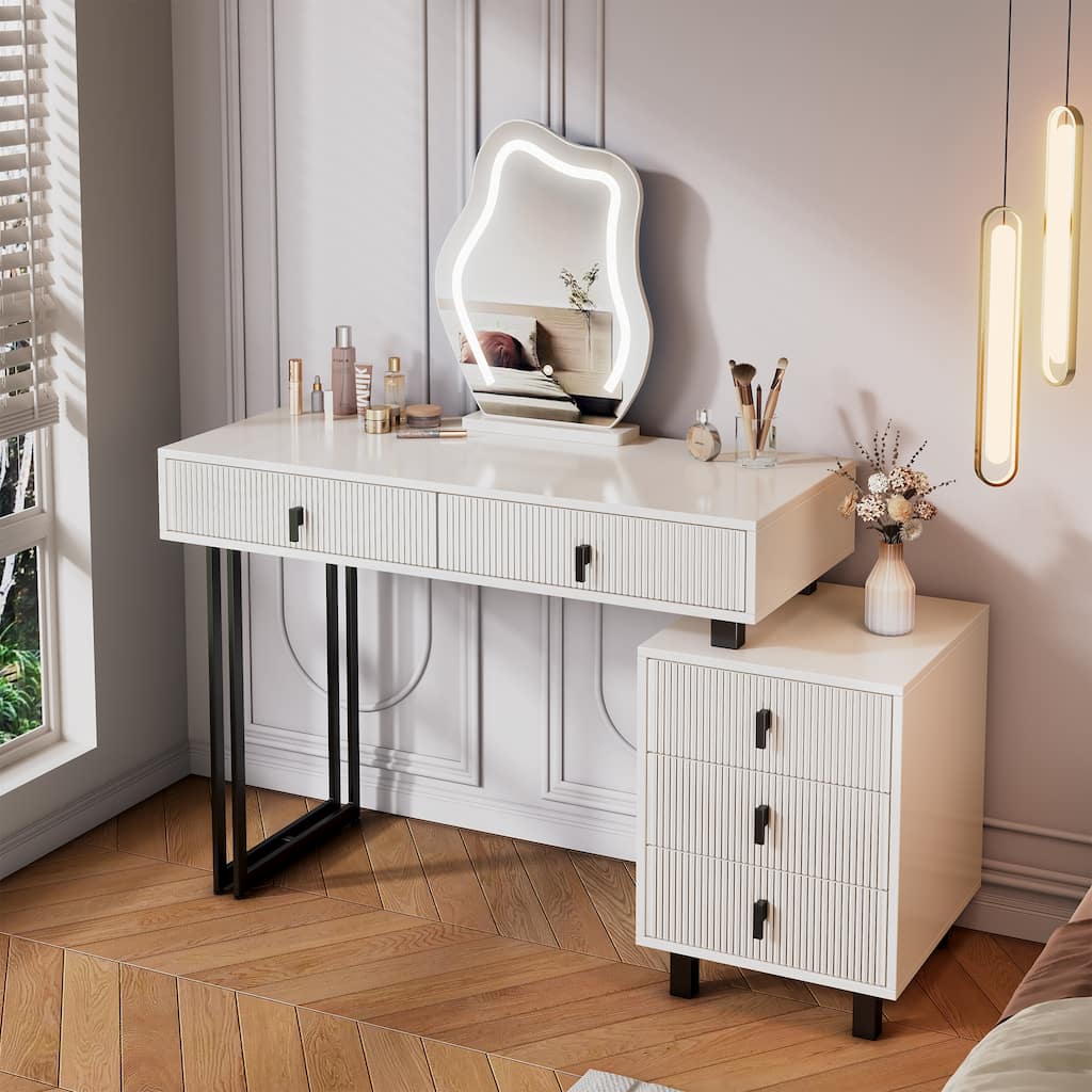 Adjustable-Length Vanity with Cloud LED Mirror - Modern Makeup Table with Storage Drawers & Side Cabinet, Ribbed Texture Design