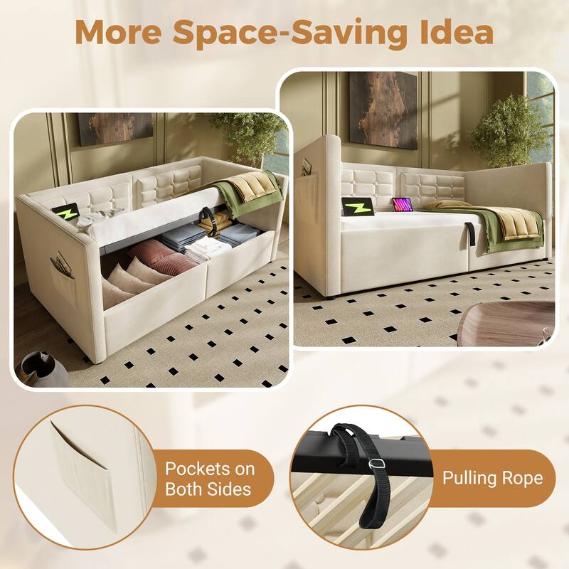 Upholstered Twin Daybed with Hydraulic Storage, USB & Type-C Charging, Velvet Frame with Wooden Slats