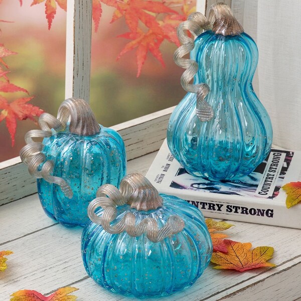 Glitzhome Hand Blown Blue Glass Pumpkin Thanksgiving Table Decor On Sale Bed Bath Beyond 22697936