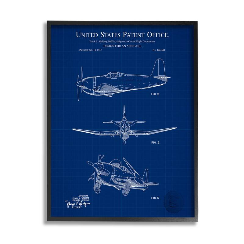 Stupell Blueprint Patent Airplane Diagram Framed Giclee Art, Design by Karl Hronek - 11 x 14 - Black