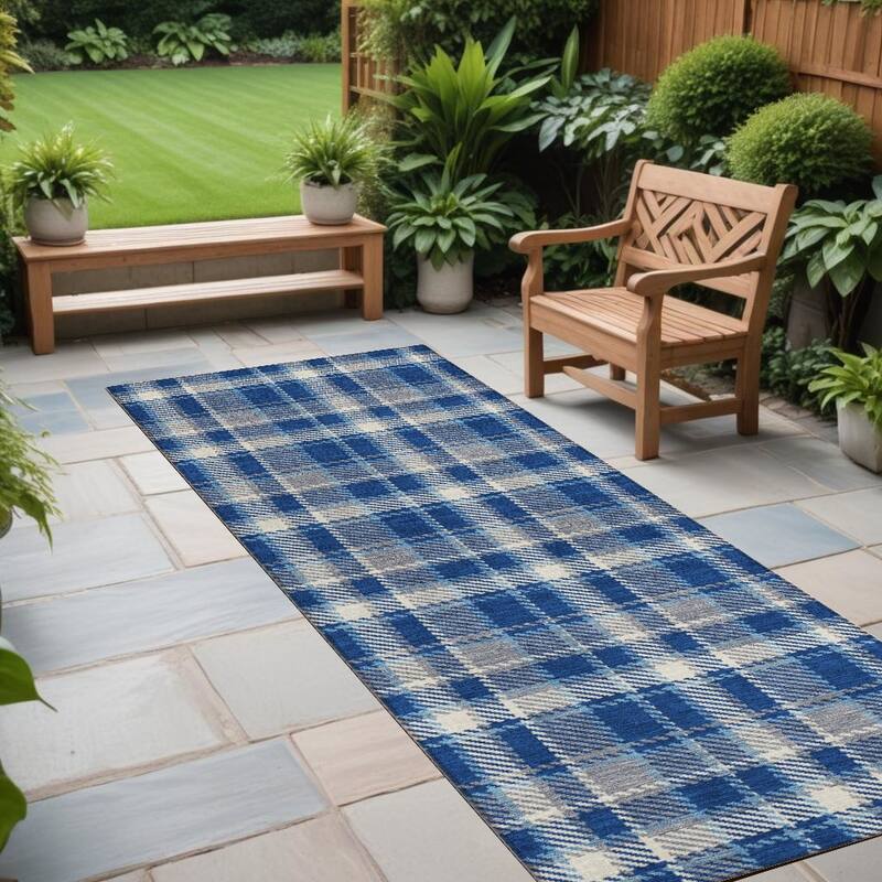 Alvasi Plaid Weather Resistant Blended Style Runner Outdoor Rug - 8' Runner - Multi