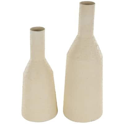 Metal Fluted Distressed Textured Decorative Vase - Set of 2 Cream - Roche River Decor