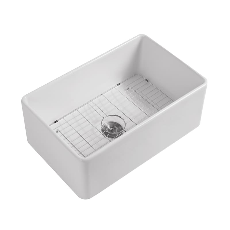 Premium White Fireclay Kitchen Sink for Home, Farmhouse (Grid & Strainer Included)