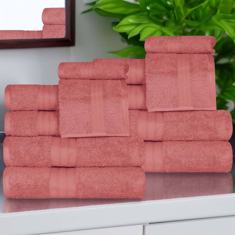 Superior Atlas Cotton Plush Absorbent Heavyweight 12 Piece Towel Set - Blush