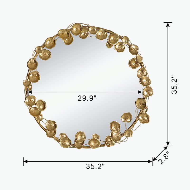 35" Round Metal Wall Mirror with Golden Leaf Accents