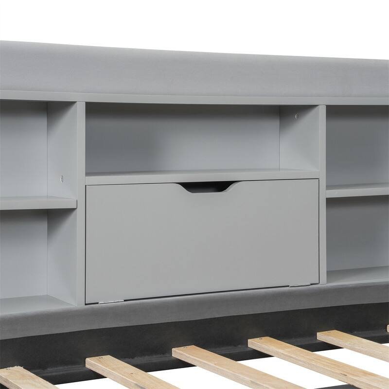 Upholstered Daybed with Twin Size Trundle and Storage Shelves, Twin Size Sofa Bed Frame with USB Ports & Outlet