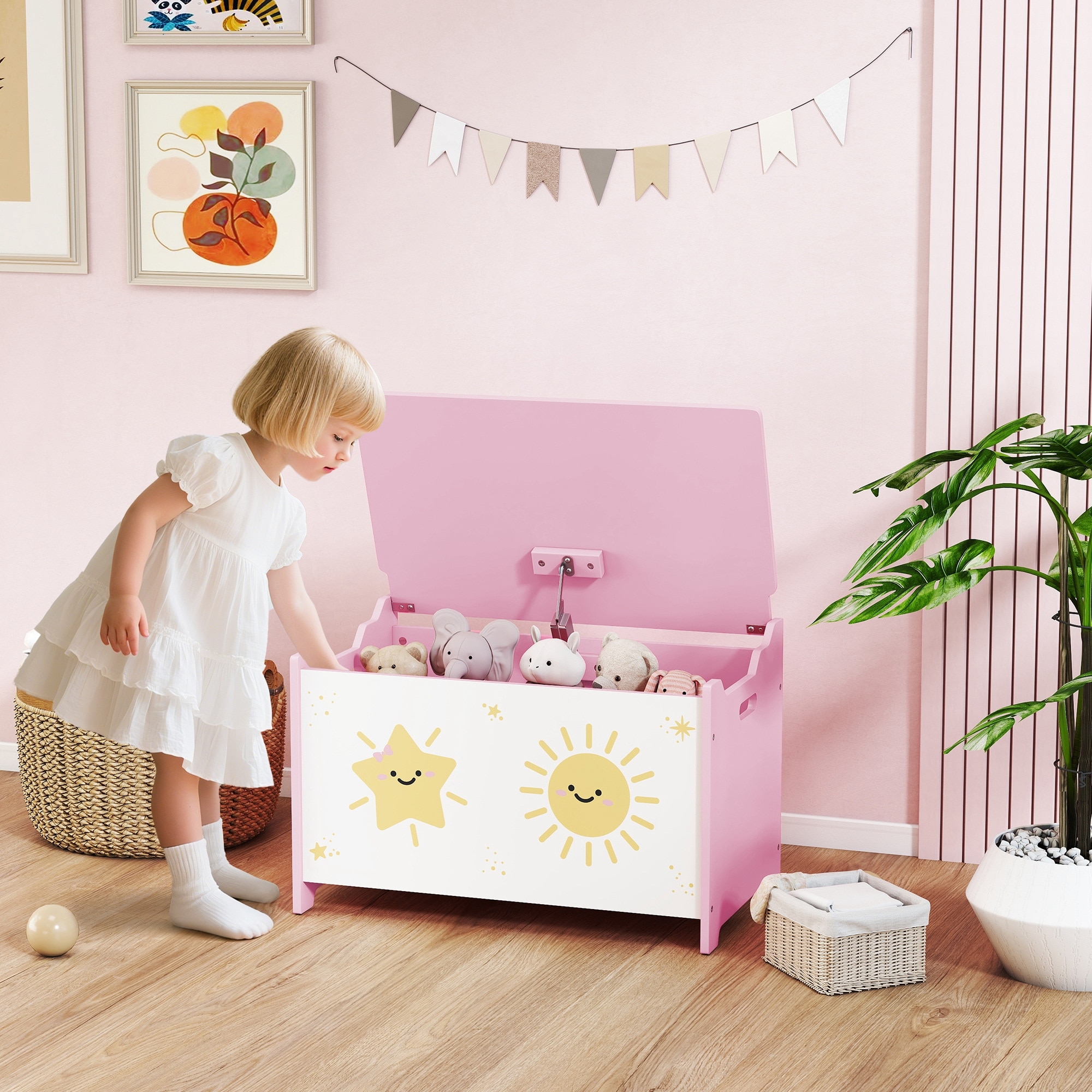 Qaba Toy Box with Lid, Toy Chest with Safety Hinges for Kids Boys Girls, Storage Organizer for Living Room, Playroom