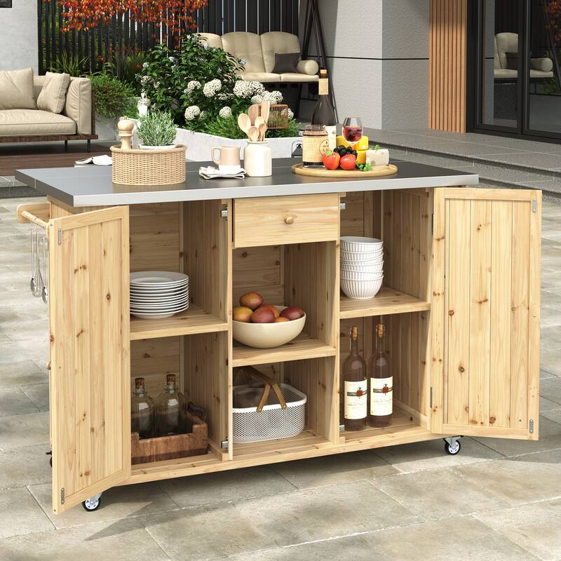 Outdoor Fir Wood Kitchen Island with Stainless Steel Top, Ample Storage Space, Towel, Spice Racks & a Bottle Opener for Outdoor